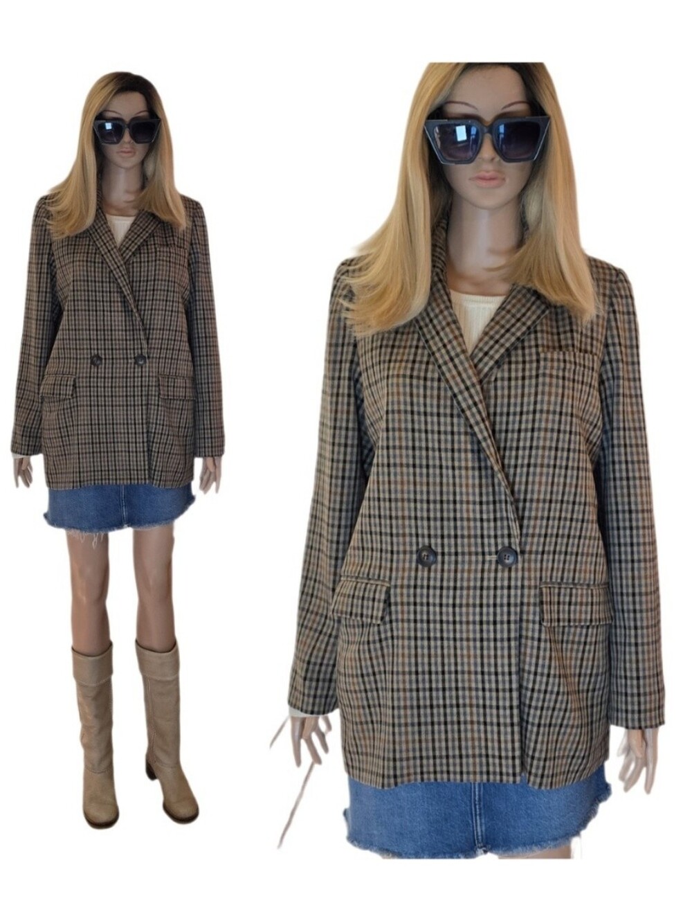 Madewell Caldwell Plaid Double Breasted Blazer Brown Tan Medium